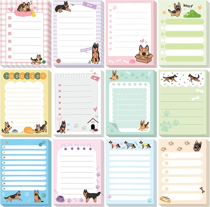 Chiisong 12 Pcs German Shepherd Sticky Notes 3x4 Inches Dog Notepad to Do List Kawaii Dog Lover Gifts for Women Office Supplies Sticky Notes Home Christmas Office Decor
