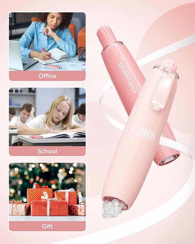 Four Candies Refillable Correction Tape, 4PCS White Tape with 4 Refills | Smooth White Pull-Out Tape for Instant Corrections, Easy to Use Applicator for Office, School Supplies (Pink)