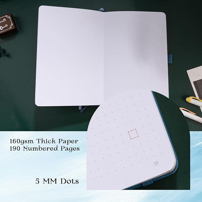 MGGAO Dotted Journal for Women Men, A5 Hardcover Dot Notebook | Aesthetic Notebook with 190 Numbered Pages, 160 GSM Thick Paper, Golden Edges, for Writing, Note Taking, Journaling