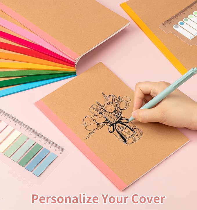 30 Pack Lined Notebook Journals Bulk, A5 College Ruled Composition Notebook, 8.3”x 5.5”,Kraft Cover with Rainbow Spines, 15 Colors 60 Pages for School Office Travel