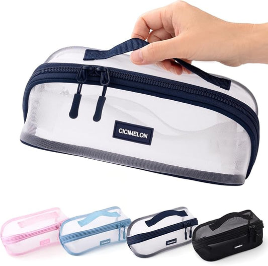 CICIMELON Transparent Mesh Pencil Pouch with Handle Big Case Clear Pen Bag College Essentials School Supplies, Navy
