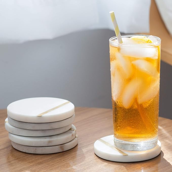 Cork & Mill Marble Coasters with Gold Brass Inlay, White, Set of 6 | Real Natural Semi Absorbent Stone, Modern Luxury Decor for Coffee Table, Office Desk or Bar Cart