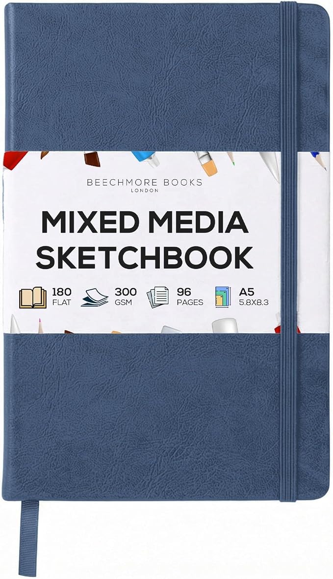 Beechmore Books 300 GSM Heavyweight Mixed Media Sketchbook A5 5.8"x8.3" - 96 Pages, Vegan Leather Hardcover Professional Art Journal for Paintings, Gouache and Ink