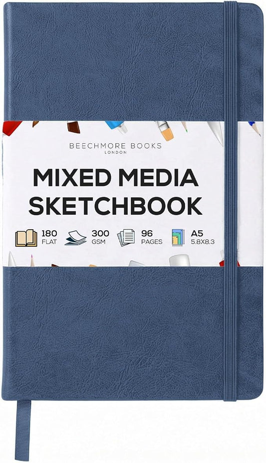 Beechmore Books 300 GSM Heavyweight Mixed Media Sketchbook A5 5.8"x8.3" - 96 Pages, Vegan Leather Hardcover Professional Art Journal for Paintings, Gouache and Ink