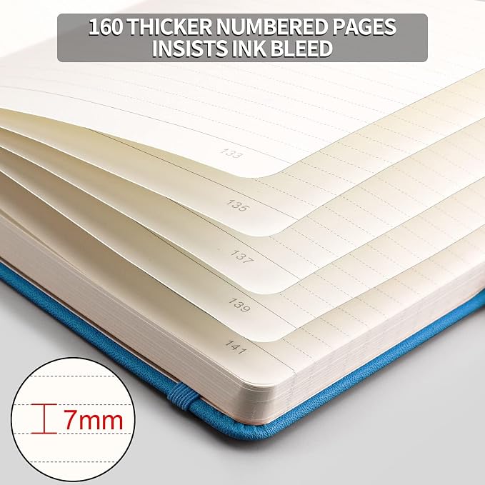 AHGXG Lined Journal Notebook, 320 Numbered Pages, A5 (5.75'' X 8.38'') | Thick Lined Notebook for Note Taking, 100GSM Paper, Leather Hardcover, for Women Men (Blue)