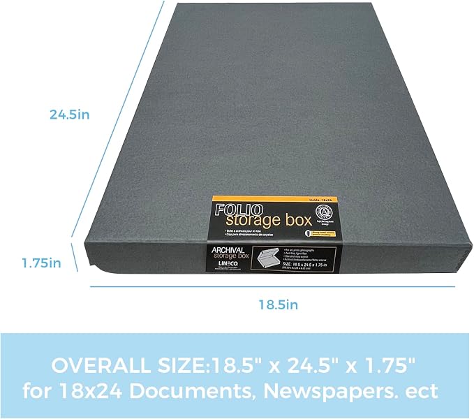 Lineco Clamshell Archival Storage Box, 18.5x24.5x1.75 Inch, Gray | Acid-Free with Metal Edge Boxboard, Organize and Store Photos Documents Cards Negatives Magazine Prints Family Records DIY