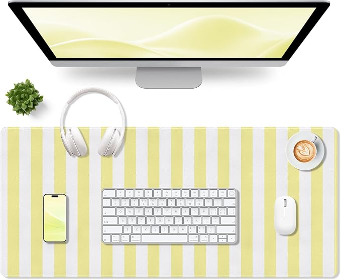 Yellow Desk Mat, Striped Keyboard Pad PU Leather Mouse Pad Computer Mat,Non-Slip Extra Large Gaming Mousepad for Laptop,Cute Desk Pad Home Office Desktop Decor