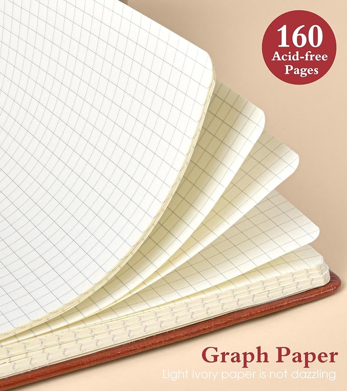 PAIBAS Graph Notebook for Women Men, 160 Pages Grid Paper, Graphing Notebooks for School, Work, Quad Ruled, Inner Pocket, A5 Hardcover Vintage Leather Journals for Writing, 5.8"x8.5" (Brown)