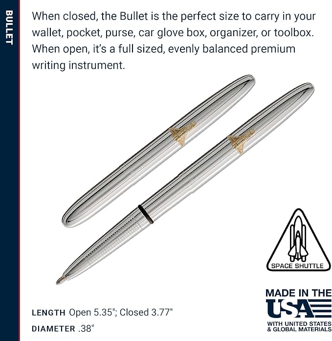 Fisher Space Pen Chrome Shuttle Emblem Bullet Pen, Pressurized Ballpoint Pen, Compact Size, Writes Upside Down, Extreme Temperatures, Smooth Black Ink, Medium Point, Gift Box, Made in USA