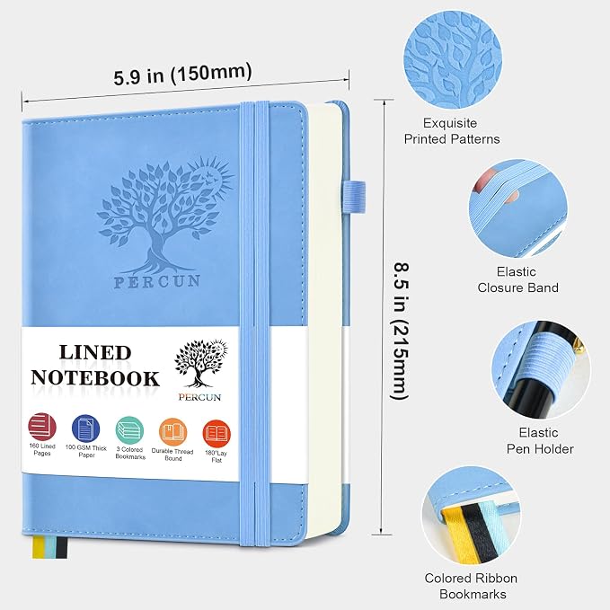 PERCUN A5 Leather Notebook Journal, 160 Lined Pages, 5.9" x 8.5" Blue | Leather Journal for Men Women, Hardcover Notebooks for work, school, business, travel diary, Note taking & Daily Journaling
