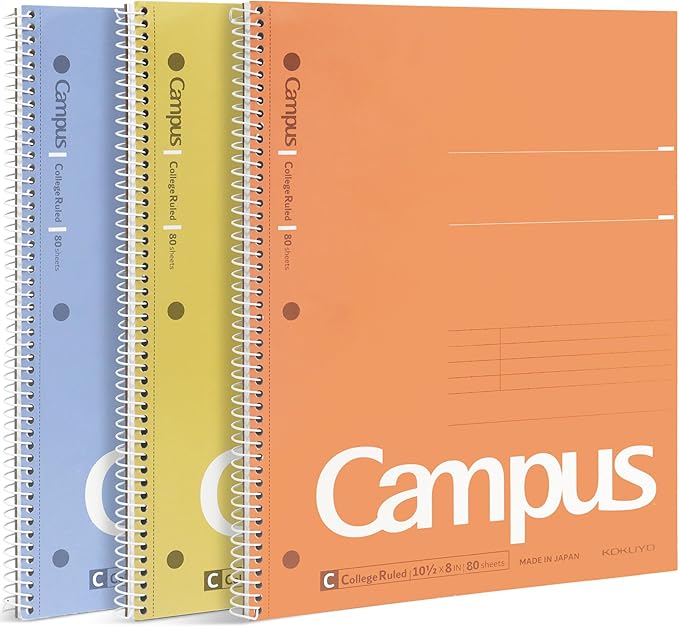 KOKUYO Spiral Notebooks, 3 Pack College Ruled 10-1/2" x 8" Lined Notebook | Campus Subject Notebooks, 80 Sheets, 3 Holes School Japanese Ring Journal for Work Study Note Taking, Yellow Orange Purple