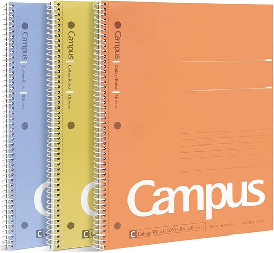 KOKUYO Spiral Notebooks, 3 Pack College Ruled 10-1/2" x 8" Lined Notebook | Campus Subject Notebooks, 80 Sheets, 3 Holes School Japanese Ring Journal for Work Study Note Taking, Yellow Orange Purple
