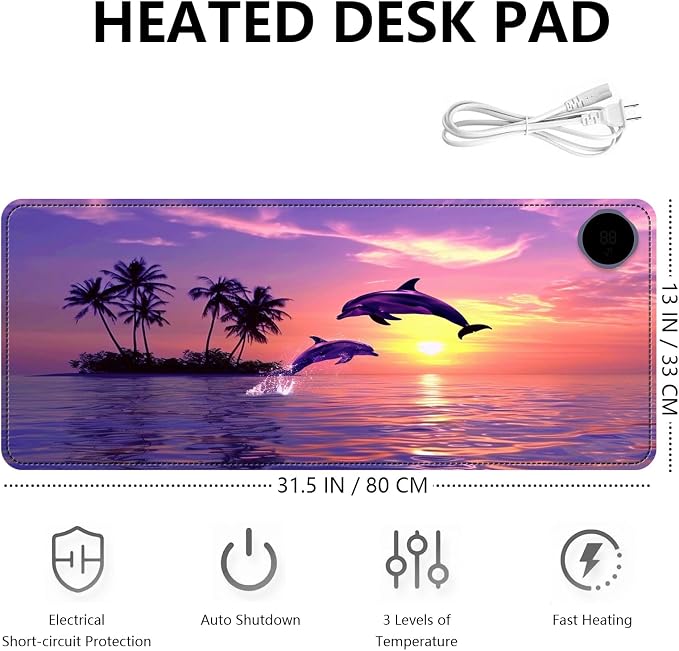 Heated Mouse Pad with 3 Levels Heated & 3 Hours Auto Shut-Off Mouse Pad for Warming Hands in Office Home, 31.5" x 13"Large Safe Desk Mat Hand Warmer，Jumping Dolphin