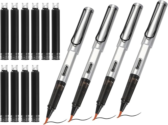 PATIKIL 4Pcs Calligraphy Brush Pens, Fountain Ink Brush Pen Refillable with 10Pcs Ink Refill for Writing Lettering Drawing Chinese Japanese Signature, Silver