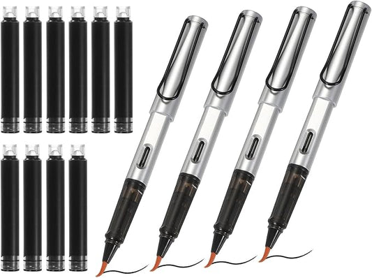 PATIKIL 4Pcs Calligraphy Brush Pens, Fountain Ink Brush Pen Refillable with 10Pcs Ink Refill for Writing Lettering Drawing Chinese Japanese Signature, Silver