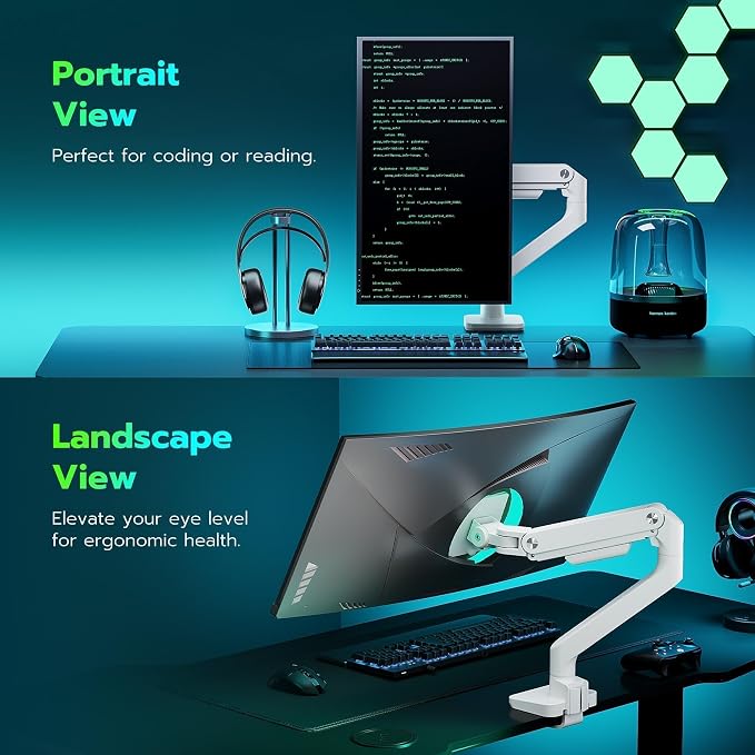 ARES WING Ultrawide Monitor Arm for 17 to 49 Inch and 44 Lbs Screen, White | Pro Gas Spring, Full Range of Motion, for 75/100 Vesa Mount, for Samsung, LG Curved/Flat Monitor, with C Clamp, Grommet Base