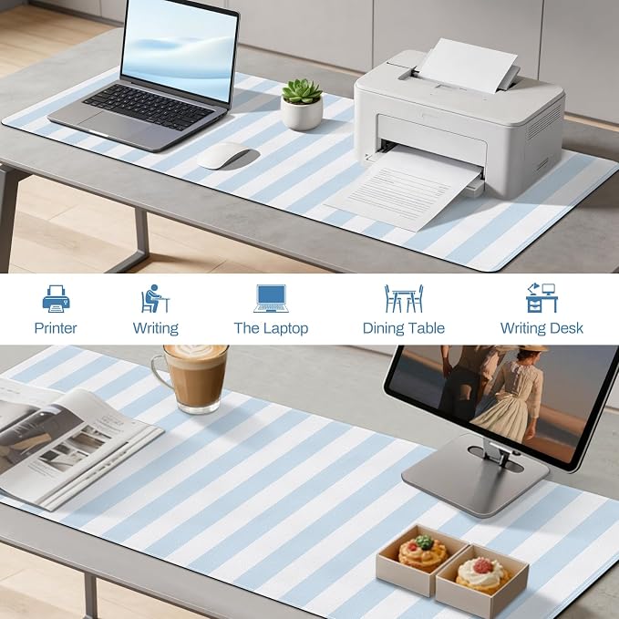 Blue Striped Desk Mat Cute PU Leather XXL Large Gaming Mouse Pad Desk Pad Cozy Aesthetic Keyboard Matt Laptop Computer Mat Home Office Decor 35.4" X 15.7"
