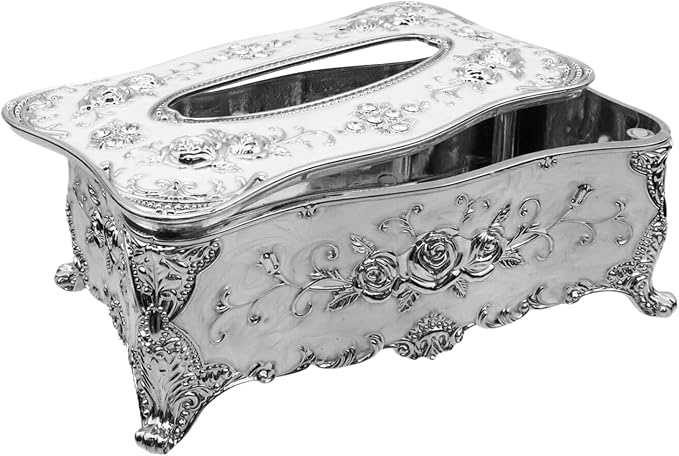 Luxurious Rose Tissue Box with Imitation Diamonds,Silver-White | Embossed Flowers，9.45"x5.43"x3.94"，Elegant Tissue Paper Holders，for Home Toilet Bath Hotel