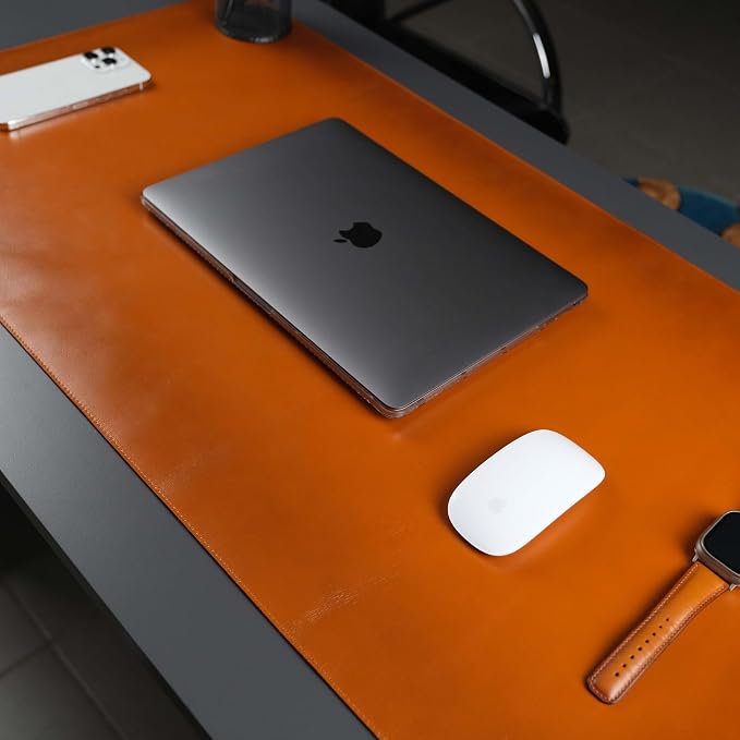 Jersey Genuine Calfskin Leather Desk Pad, Office Desk Mat with Non-Slip Bottom, Smooth Surface for Mouse & Keyboard, Desk Protector (14.6x31.5 inches) (Tan)