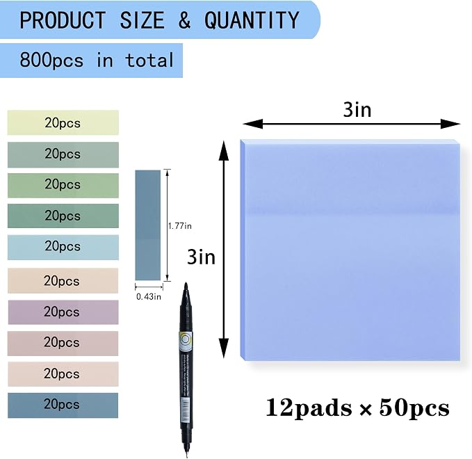 YOUDEFUL 800Pcs Transparent Sticky Notes, Bright Blue Clear Sticky Notes, 3"x3" Waterproof Translucent Sticky Note Pads, Index Tabs, Clear Post it Notes for Bible Study, See Through Sticky Notes