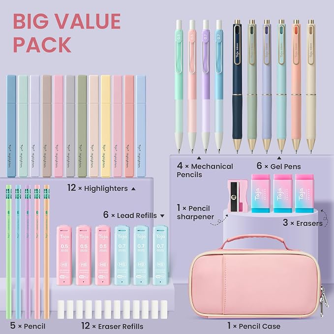 Cute Pencil Case With Supplies, 39 PCS Aesthetic Stationery Set with Pencil Pouch, 6 Black Ink Gel Pens, 12 Pastel Highlighters, 5 #2 HB Pencils, 4 Mechanical Pencils, Back to School Supplies - Pink