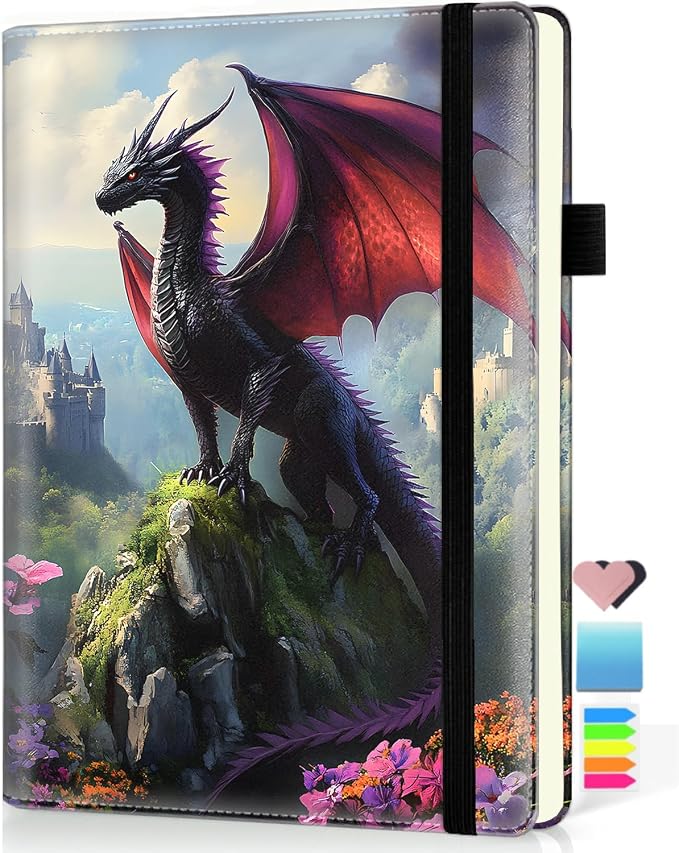 Hardcover Executive Notebooks, A5 PU Leather Lined Journal Notebook, 200 Pages Thick Paper Subject Notebooks for School,Work,Home Writing Business Notebook, Diary Book, Dragon and Fantasy Landscape