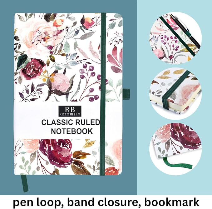 RICCO BELLO Lined Journal Notebook, Blossoms, Hardcover, 5.7x8.4" | 96 Sheets / 192 Pages, College Ruled, Pen Holder, For Work & Notes