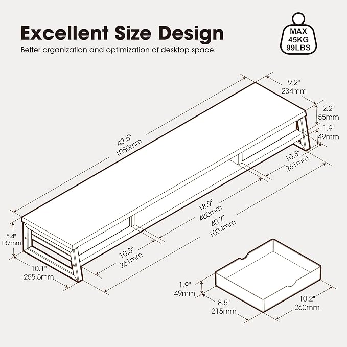 Fenge Dual Monitor Stand Riser, 42.5in Desk Shelf with 2 Drawers, White | 2-Tier Monitor Shelf for Desk, Storage Drawer with Stopper, Frosted, fit Home Office, Ultrawide Screen, PC, Laptop, TV