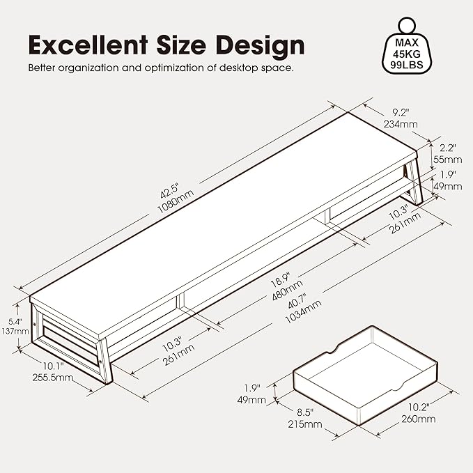 Fenge Dual Monitor Stand Riser, 42.5in Desk Shelf with 2 Drawers, Black | 2-Tier Monitor Shelf for Desk, Storage Drawer with Stopper, Frosted, fit Home Office, Ultrawide Screen, PC, Laptop, TV