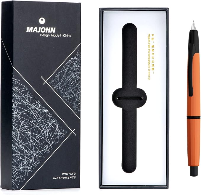 erofa Majohn A2 Press Fountain Pen Extra Fine Nib with Box, Retractable Orange Resin Ink Pen with Converter Writing Set (Black Clip Version