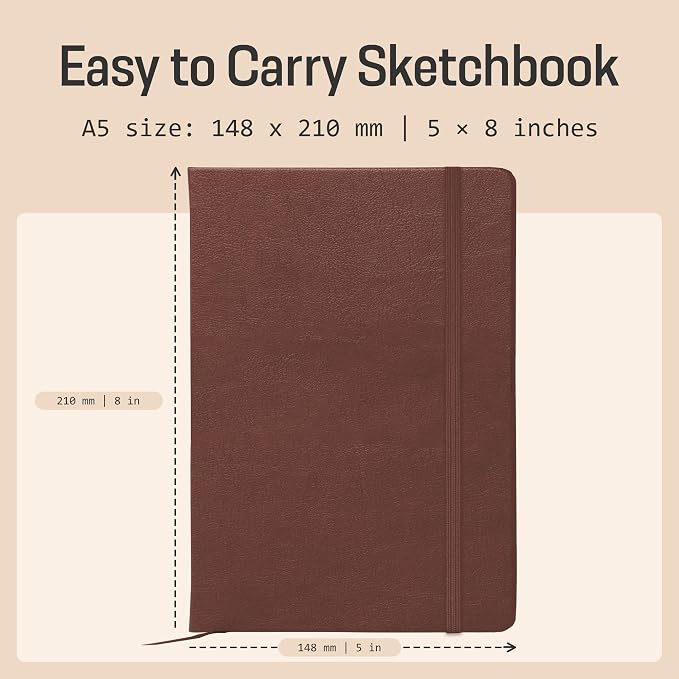 BROWNSTONE JOURNALS A5 Sketch Book Hardcover - 80 Sheets 100 GSM Paper 5"x8", Lay Flat, Vegan Leather Cover, Elastic Band, Back Pocket, Art Drawing Book (Chestnut Brown)