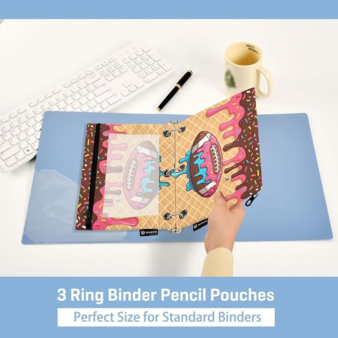 Gredecor 3 Ring Binder Pencil Pouch, American Football Ice Cream Zippered Pen Case Pouches with Clear Window, 2 Pack Stylish Office & School Supplie