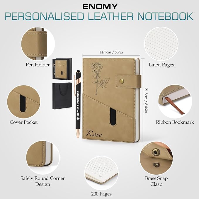 ENOMY Personalized Notebook & Pen Set A5 Notebook with Lock Closure, 200 Lined Pages PU Leather Custom Notebook Cover Premium Gift Box for College Birthday Business Gift, Red