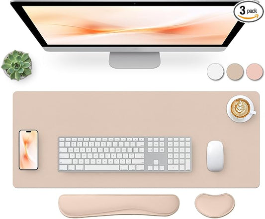 Bloss Leather Desk Pad and Keyboard Wrist Rest, Large Mouse Pad + Keyboard Pad+Mouse Wrist Support, Non-Slip Desk Mat Protector for Office, Home(27.6" x 13.8", Beige)