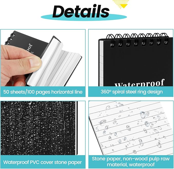 12 Pack 3x5" Waterproof Mini Notebook, Top Spiral Small Notepad for Outdoor | Pocket Notepad, Stone Paper Note Pads, All-Weather Tearproof Stain & Grease Resistant, for Camping Office Travel Work School
