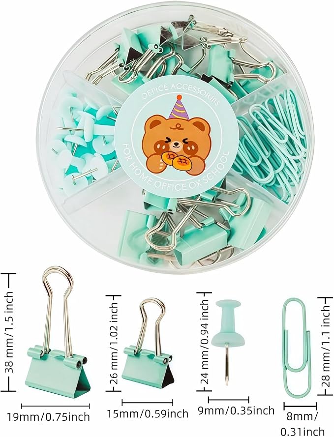 45 Pcs Metal Binder Clips Set with Pushpins,Cute Green Desk Supplies Multi-Size Binder Clips,Glossy Tacks, and Reusable Paper Clips.Portable case for School/Office.Perfect Green Desk Accessory Gift
