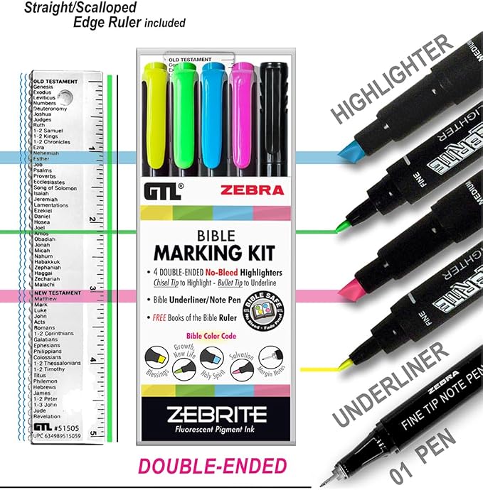 G.T. Luscombe Company, Inc. Zebrite Bible Marking Kit | No Bleed Pigmented Ink | No Fading or Smearing | Double Ended Highlighters, Note Pen & Books of the Bible Ruler/Bookmark (Set of 5 + Ruler)