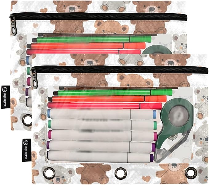 Cute Teddy Bears Pencil Pouch for 3 Ring Binder 2 Pack Zipper Binder Pencil Bag Case with Clear Window Office School Supplies