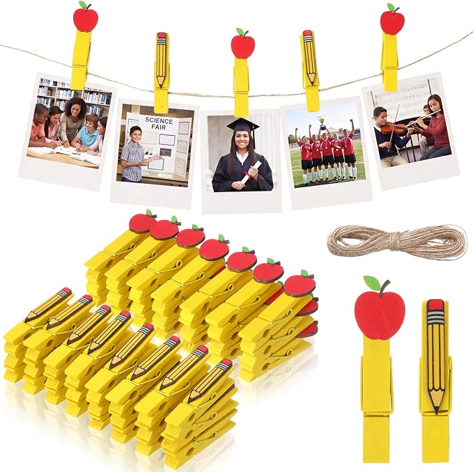 Mifoci 50 Pack Back to School Wooden Photo Clips with Twine, Apple and Pencil Shaped Clothespins for Classroom Decor, Student Work Display, Teacher Appreciation Gifts, Bulletin Board Party Decorations