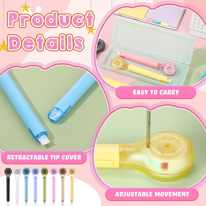 Gersoniel 50 Pack Correction Tape Pen Correctional Ink Tape Push Pull Protective, Easy to Use Applicator for School Office Supplies, 0.2 x 236 Inch (Bright Color)