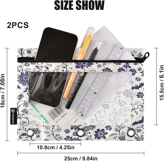 Gredecor 3 Ring Binder Pencil Pouch, Navy Blue Gothic Bat Zippered Pen Case Pouches with Clear Window, 2 Pack Stylish Office & School Supplie