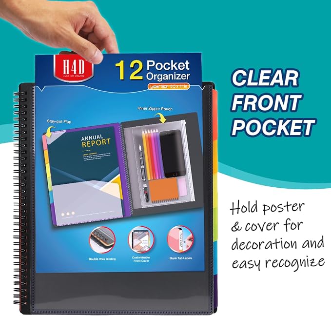 H4D 12 Pocket Poly Project Organizer, Multi Pocket Folder, Primary Colors | Spiral, Multi-Subject, Folder Notebook, Letter Size