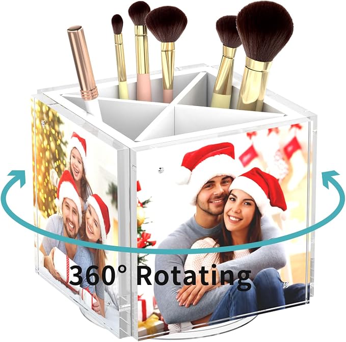 HIIMIEI Acrylic Picture Frames for Desk, 4-side Photo Cube for Home, Office | 360° Rotating Desktop Organizer, for Pencil, Makeup Brushes, White, 4"x 4"