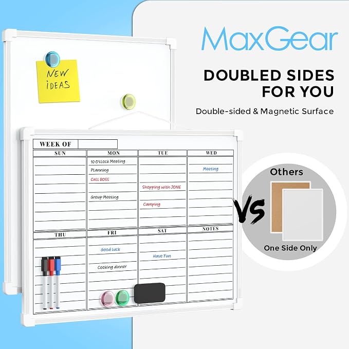 MaxGear Weekly Calendar Dry Erase Board for Wall, 16"x12", White Frame | Double-Sided, Hanging Small White Board, Portable Whiteboard for Planning, Drawing, Memo, to Do List, Home, Kitchen, Office