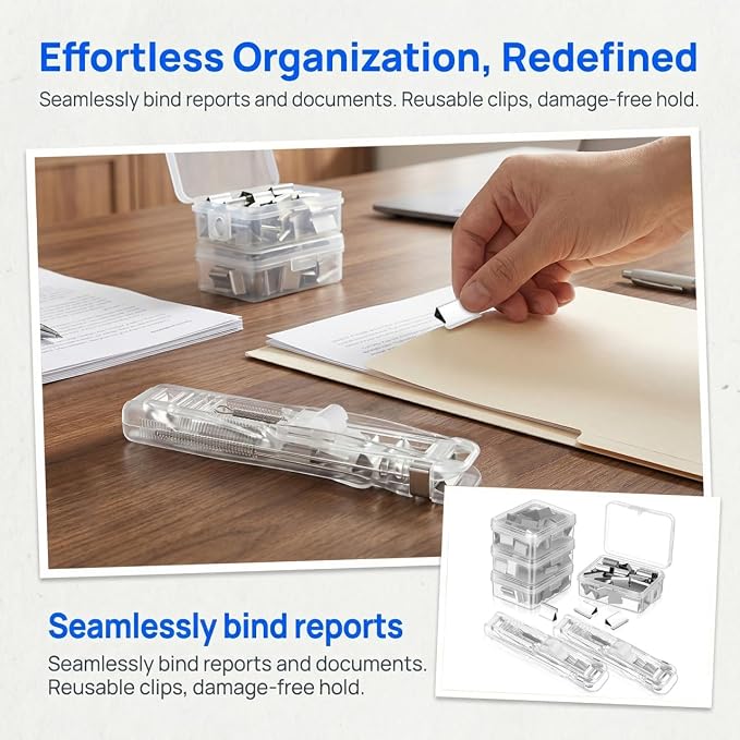 Yardwe 2 Pcs Portable Binder Clip Stapler with 200 Reusable Push Clips, Handheld Paper Clam for Office School