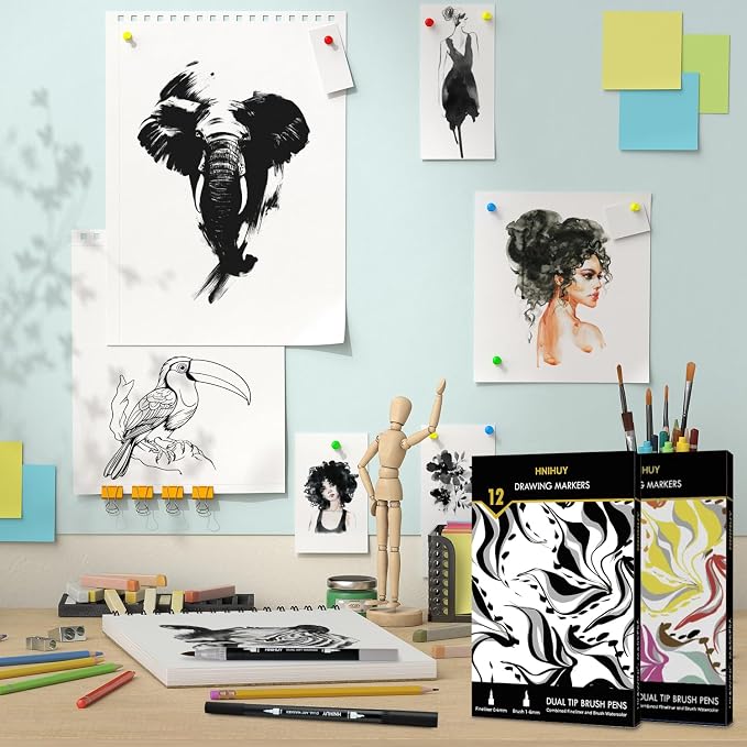 Black Markers for Drawing - Brush Pens for Artists, 12 Pack | Dual Brush Pens Black Fine & Brush Markers for Art Drawing, Sketching, Outlining, Manga, Calligraphy Pens