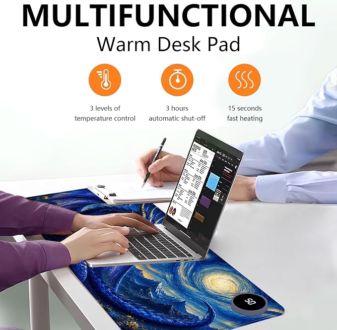 Large Heated Mouse Pad–23.6" x 14.2" Desk Mat for Office | 3 Adjustable Heat Levels,Auto Shut-Off After 3 Hours for Safety,Keeps Hands Warm While Working，Blue Dragon Starry Sky