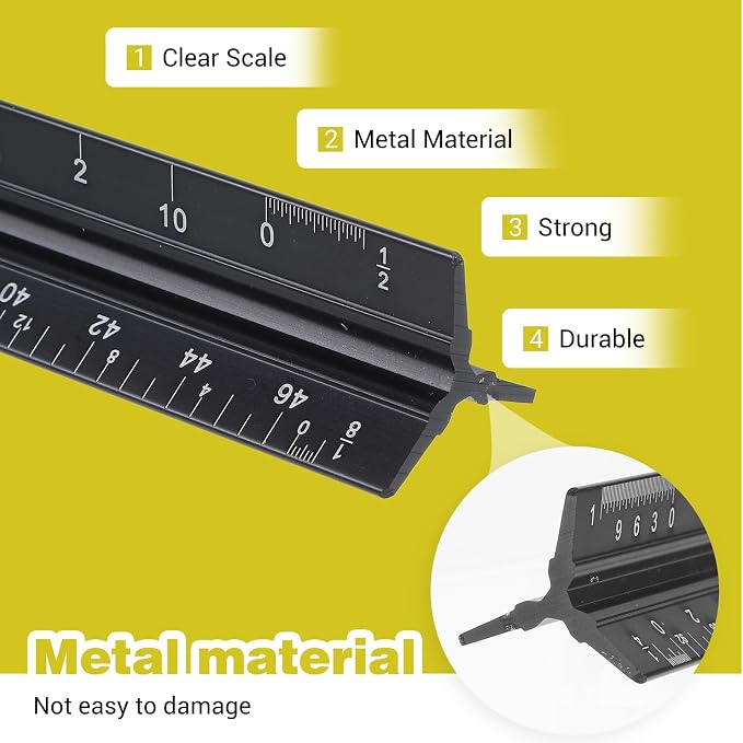 10 Pcs Architectural Scale Ruler 12" Imperial Architect Engineers Scale Triangular Ruler Aluminum Alloy Metal Triangle Drafting Rulers Measuring Tools for Architect Engineer Draftsman Artists (Black)
