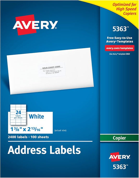 Avery Printable Address Labels for Copiers, 1-3/8" x 2-13/16", White, 2,400 Blank Mailing Labels (05363)