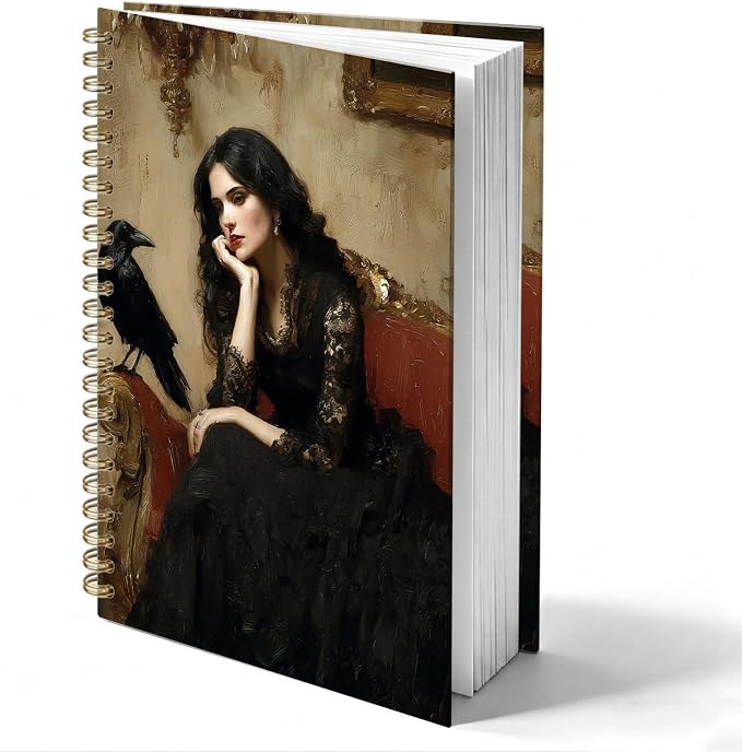 HOXUNQINA Dark Academia Gothic Lady and Raven Journal Notebook 5.5x8.3 | Raven Gifts for Women Journal, Gothic Office Supplies, Vintage Dark Romance Moody Aesthetic Notebooks for Work